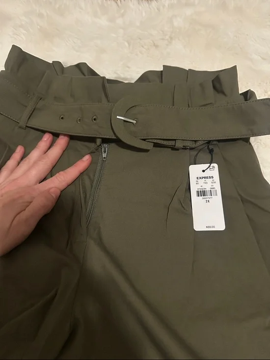 Express Olive Green Paperbag Waist Wide-Leg Chinos W/ Belt - Picture 4 of 7